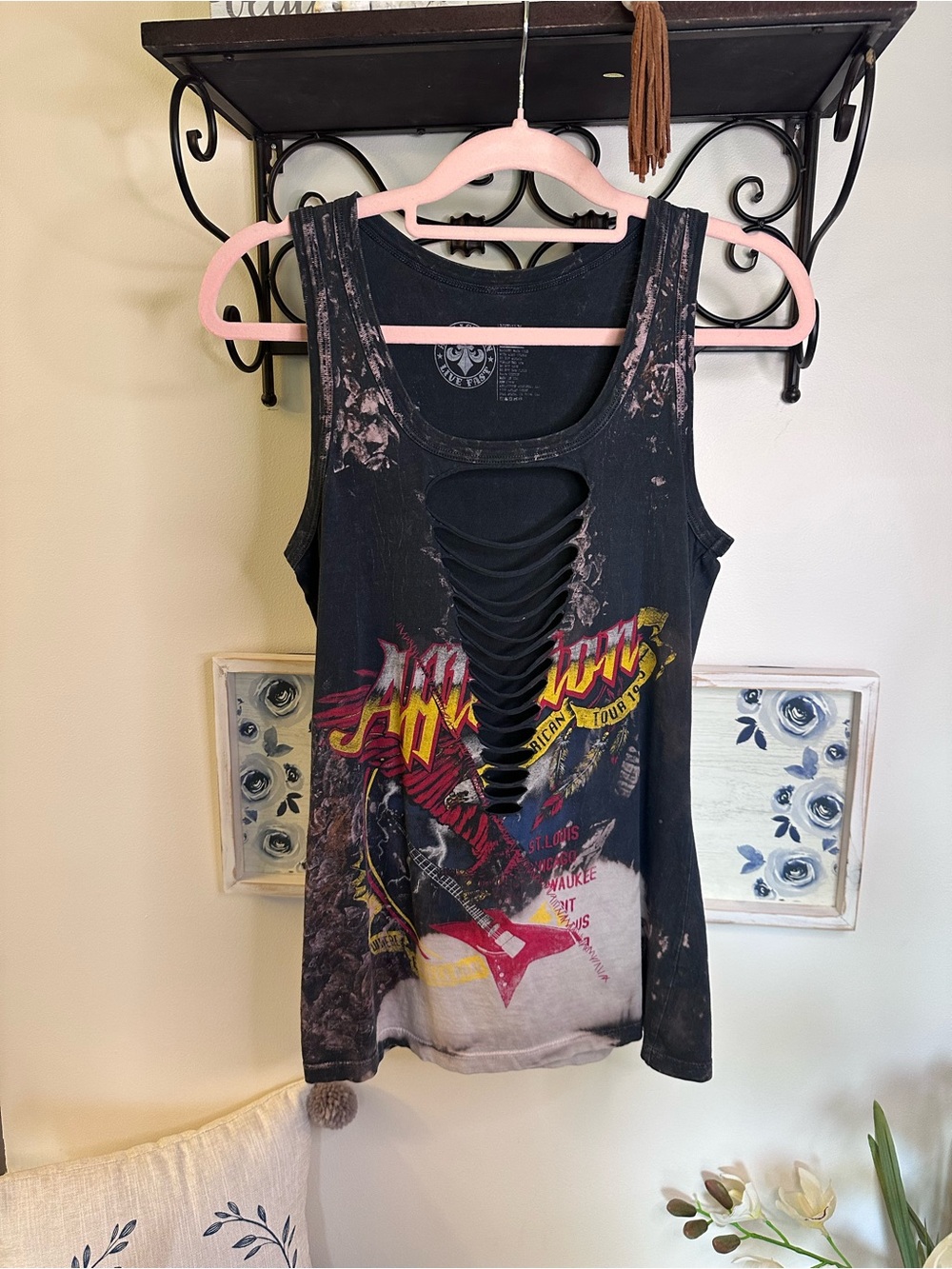 Affliction Distressed Black Graphic Cutout Tank Top Y2K